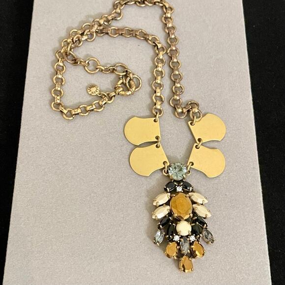 J. Crew Gold Tone Multicolor Earth Tones Rhinestone Pendant Necklace - Picture 2 of 4